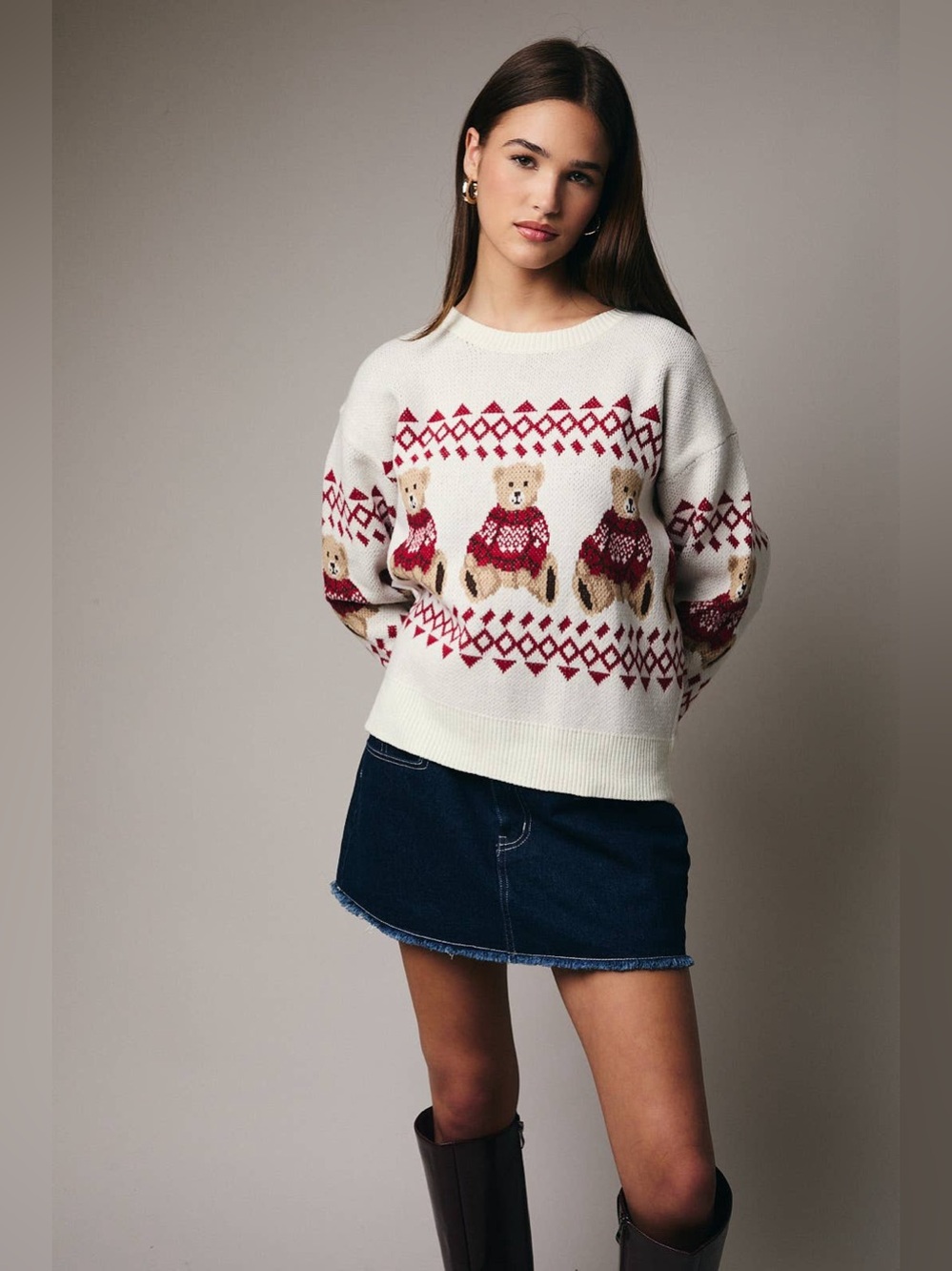 Sunday Edition Teddy Bear Fair Isle Sweater S Cream Red Novelty Christmas Knit
